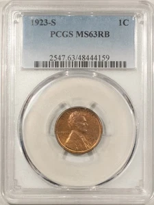 1923-S LINCOLN CENT - PCGS MS-63 RB, TOUGH! UNCIRCULATED & CHOICE! - Picture 1 of 3