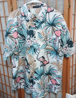 Nosirhoc Tropical Pink Flamingo Hawaiian Shirt XL  Men’s Tropical Beach Button-u - Image 1 of 4