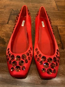 Pisos de ballet Miu rojos con joyas satinadas punta cuadrada, ¡NUEVO SIN CAJA!, talla 38 | 8 - Imagen 1 de 9