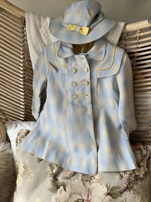 Vintage Baby Toddler Girls' Blue Dress Coat Overcoat with Bonnet Hat - Image 1 of 4