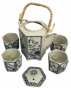 Pier One Imports Vintage Japanese Hexagonal Tea Set Bamboo Handle Blue and White - Picture 1 of 15