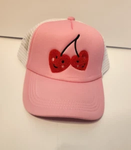 Cherry Heart Snapback Trucker Hat Pink One Size Adjustable Embroidered Mesh Back - Picture 1 of 3