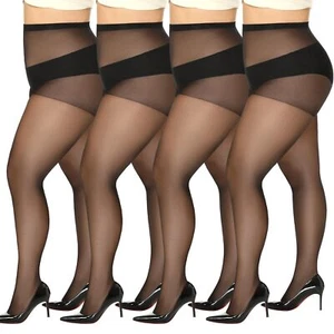 Women's Plus Size Pantyhose 4 Pairs Ultra Sheer Nylon Tights Black 1X - Picture 1 of 7