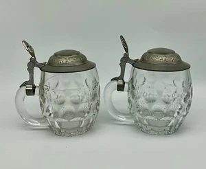 vintage Beer Stein dimpled glass mug .3L lid Germany hinge clear set 2 vine - Picture 1 of 9