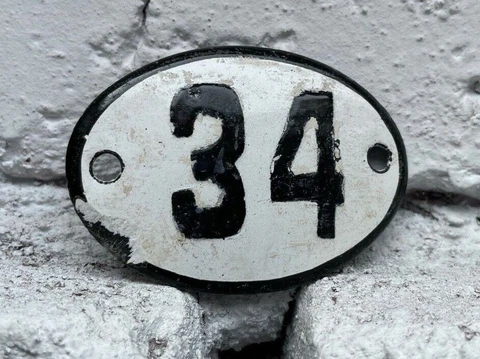 Number 34 Vintage Enamel House Numbers Made in Europe Room Hotel FREE POSTAGE Cover