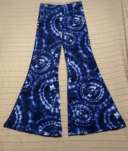 TieDye Bell Bottom Pant Women Blue Stretchy Flare Wide Leg Disco High Waist Soft - Picture 1 of 10