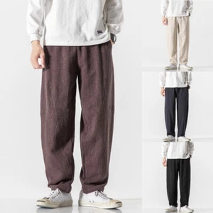 Men Linen Blend Harem Pants Straight Leg Trousers Elastic Waist Comfortable - Picture 1 of 16