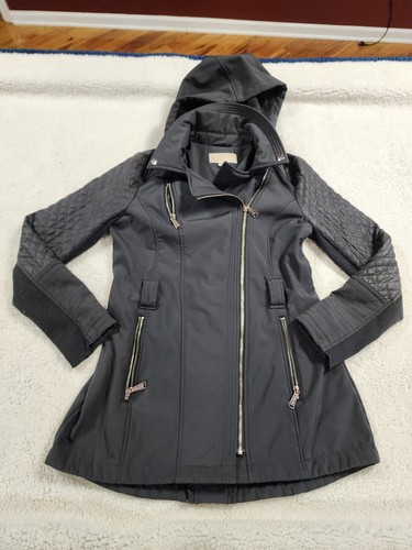 Cappotto donna S Michael Kors grigio cappuccio rimovibile zip davanti foderato pile trapuntato