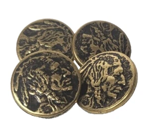 Vintage Native American Indian Head 1/2" 4 Pack Brass Round Metal Shank Buttons - Picture 1 of 8