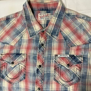 True Religion Slim Fit Pearl Snap Western Plaid Shirt Mens XL Cowboy 100% Cotton - Picture 1 of 9