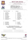 PROGRAMME / TEAMSHEET - WEST HAM UNITED v ARSENAL RESERVES - 7 DEVEMBER 1999