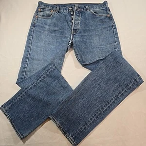 Levi’s 501 Straight Leg Button Fly Blue Denim Jeans Size 34x38, Crotch Area Sewn - Picture 1 of 9