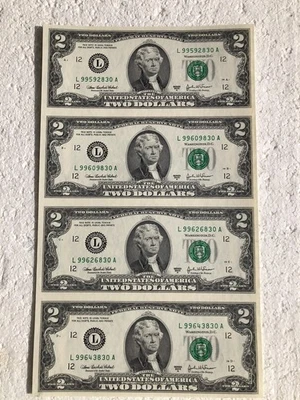 Uncut Currency Sheet of Four(4) $2 Two Dollar Bills /G Series 2003 A - Image 1 of 4