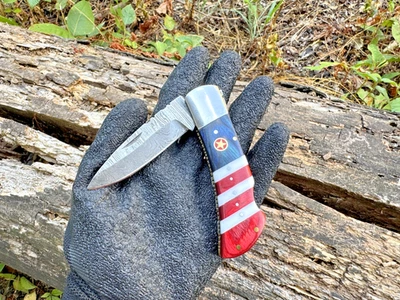 Cuchillo de Bolsillo Hecho a Mano Damasco Hoja Plegable Táctico Mango Bandera de Texas Foto 1 de 4