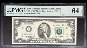 2009 $2 Dollar Star Note Federal Reserve Dallas PMG 64 EPQ Serial K00160295* Low - Picture 1 of 2