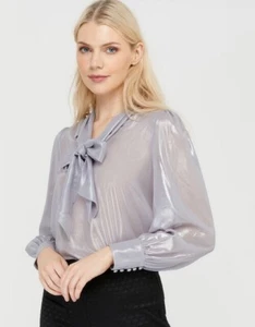 Monsoon- Missy Metallic Pussybow Top Silver Size 16 - Picture 1 of 5