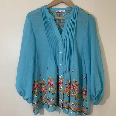 Top Figuoera y Flor Mujer Medio Verde azulado Floral Bordado Boho Festival Hippie Foto 1 de 4