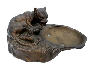 Vintage Art Deco Gold Metal Spelter Ravenous Feeding Lion or Panther Ashtray - Picture 1 of 8