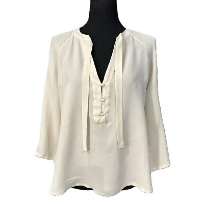 Blusa para mujer Joie de seda con cuello en V y detalle de corbata en marfil-talla mediana Foto 1 de 4