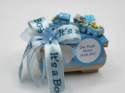 Geldgeschenk Junge mit Namen blau Zahndose Kiste Baby Taufe Geburt - Bild 1 von 2