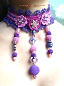 COLLIER RAS DE COU CREATION COUTURE CROCHET MAIN SYLVETTE RAISONNIER violet - Picture 1 of 4