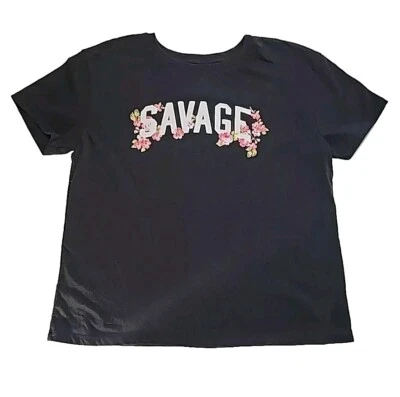 Camiseta Moderna Lux SAVAGE Gráficos Florales Top Negra Mangas Cortas Usada en Excelente Condición Mujeres Talla Grande Foto 1 de 4