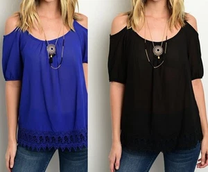 Blusa Top Abierta Hombro Frío Crochet Ribete Gasa Manga Corta - Imagen 1 de 5