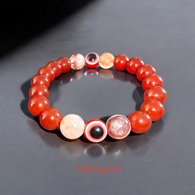Red Evil Eye Bracelet With Fire Quartz & Carnelian Natural Stones 10mm - Image 1 of 4