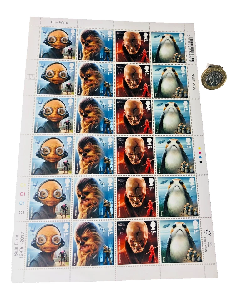 Sellos 1ª Clase Star Wars Chewbacca Maz Kanata Porg Snoke X24 Nuevo De Colección ra Foto 1 de 4