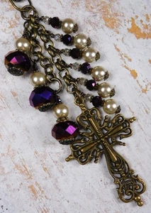 Brass Filigree Cross Purse Charm Bag Glass Pearl Crystal Purple Tan Handmade - Picture 1 of 4