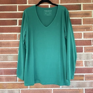 Susan Graver Modern Essentials Green V-Neck Long Sleeve Blouse Liquid Knit A2919 - Picture 1 of 5