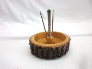 Vintage Wood Tree Bark Nut Cracker Bowl,Metal Nutcracker & 2 Picks, 5" inside - Picture 1 of 7