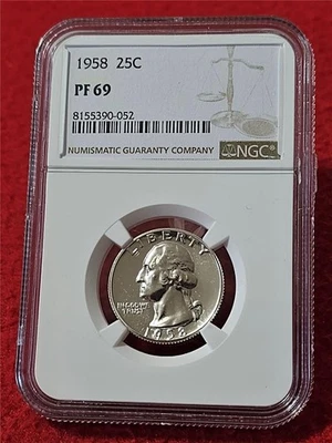 1958 PROOF WASHINGTON SILVER QUARTER   NGC PF 69    NO SPOTS              #T6117 - Image 1 of 2