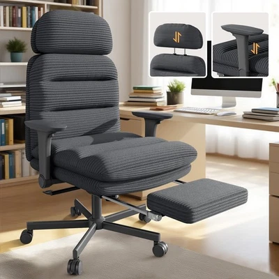 Silla de oficina giratoria de tela de pana con reposapiés brazos abatibles silla de escritorio negra Foto 1 de 4