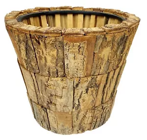 12.5” Trash Can Wastebasket Wood Bark Plant Pot Holder Primitive Natural Heavy - Picture 1 of 9