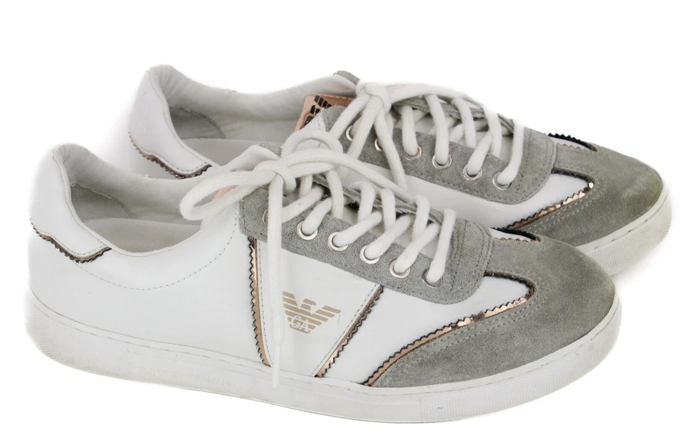 EMPORIO ARMANI X3X083 Tenis Para Mujer Reino Unido 8 Gamuza Cuero Parte Superior Baja Con Cordones Blanco Foto 1 de 4