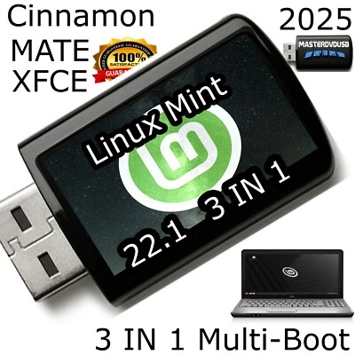 Unidad flash USB Linux Mint 22.1 Xia 2025 Multi-Boot 3 en 1 Canela, MATE, XFCE Foto 1 de 4
