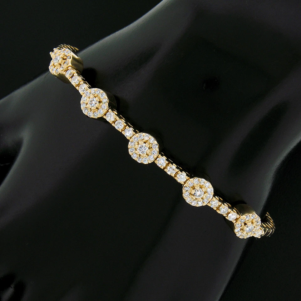Brazalete Flexible Oro Amarillo 14k 2.37ct Diamante Redondo Racimo Flor 6.25" Foto 1 de 4