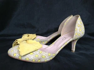 VALENTINO RED, FLORAL CANVAS PUMP, YELLOW SUEDE BOW, KITTEN HEEL, SZ 36.5 M - Picture 1 of 9