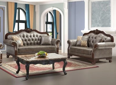 Formal Luxury Sofa Set 2pc Sofa and Loveseat Brown Leather Tufted Living Room - Image 1 of 3