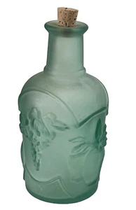 Vintage Flasche Satiniertes Glas Aqua Grün Obst Blätter Korken Matt Erhöhtes Design 8" - Bild 1 von 13