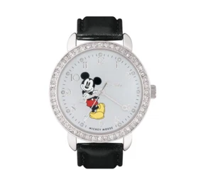 Disney MU2926 Women's Mickey Mouse Crystal Accent Black Leather Quartz Watch - Picture 1 of 4