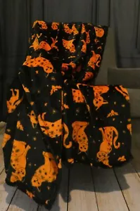 Plush Fleece Throw Blanket Halloween Throw Hocus Pocus Spooky Cats Black Orange - Picture 1 of 2