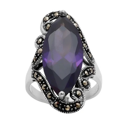 Silverly Anello Argento 925 Solitario Zircone Viola Ovale Marcasite - Immagine 1 di 4