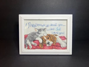 Vintage 2005 Cat & Dog Friends Finished Cross Stitch Art in a White Wooden Frame - Picture 1 of 5