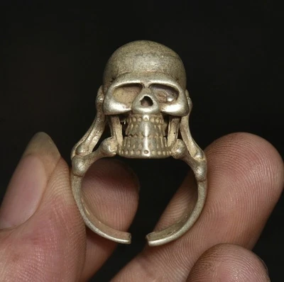 4厘米罕见中国苗族银色人类骨架头骨指纹戒指 — 第 1/4 张图片