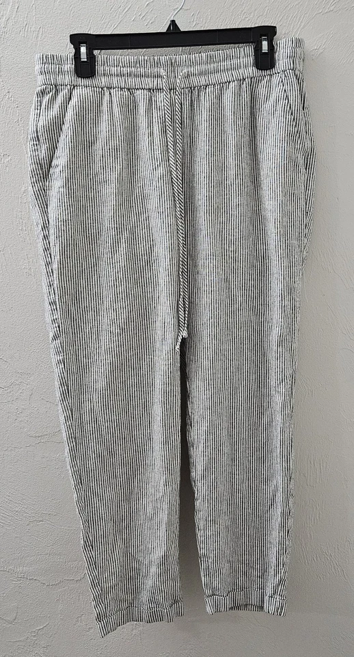 Женские брюки J.Crew в полоску из льна хлопка на шнурке на талии черные белые размер 8 - Изображение 1 из 4