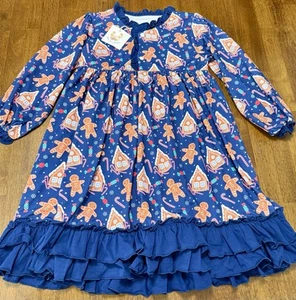 NWT Busy Bees Smocks Blue Christmas Gingerbread Man House Ruffle Dress Size 7 - Picture 1 of 3