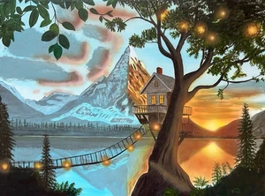 "Sunset Mountain Treehouse" painting - Picture 1 of 1
