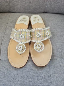 Jack Rogers Plaid Sandals. White Leather Flip Flops Preppy. Size 8M - Picture 1 of 3
